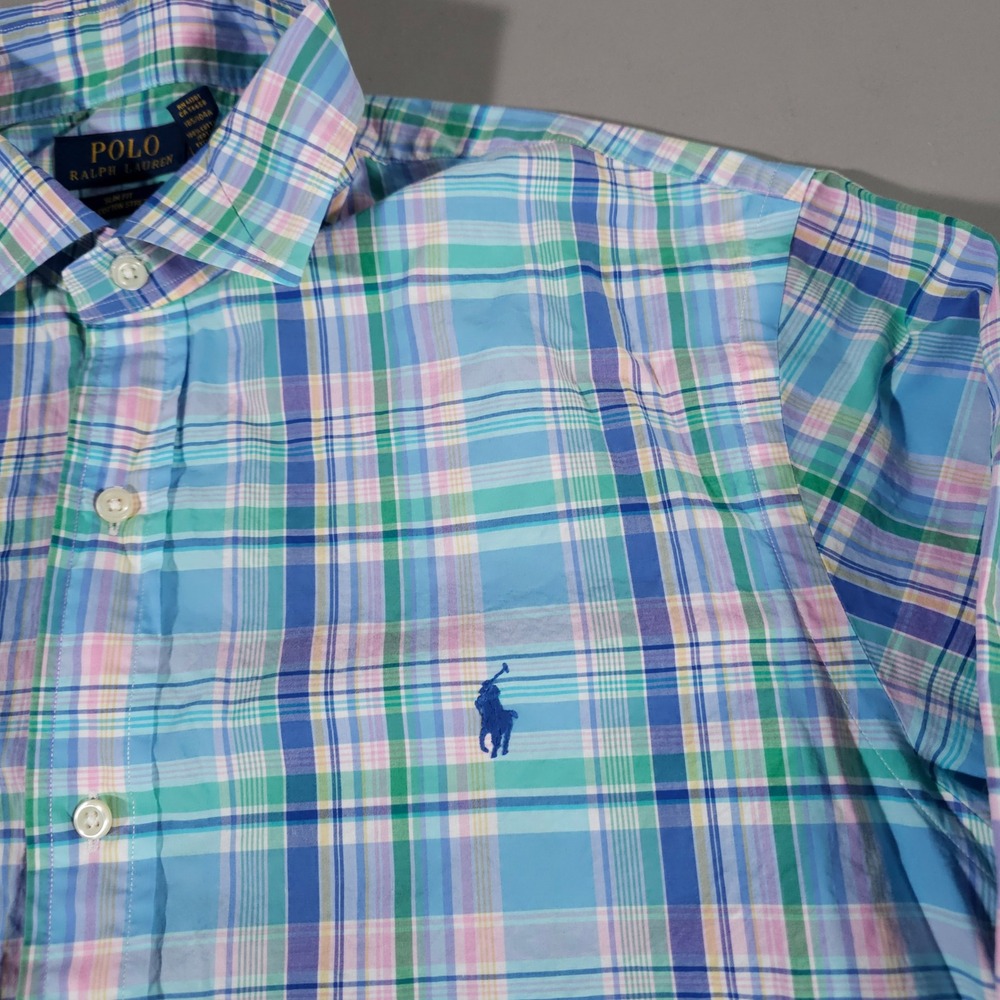 Polo Ralph Lauren Button Down Mens XL Blue Green Pink Plaid Slim Fit Stretch - Picture 3 of 7